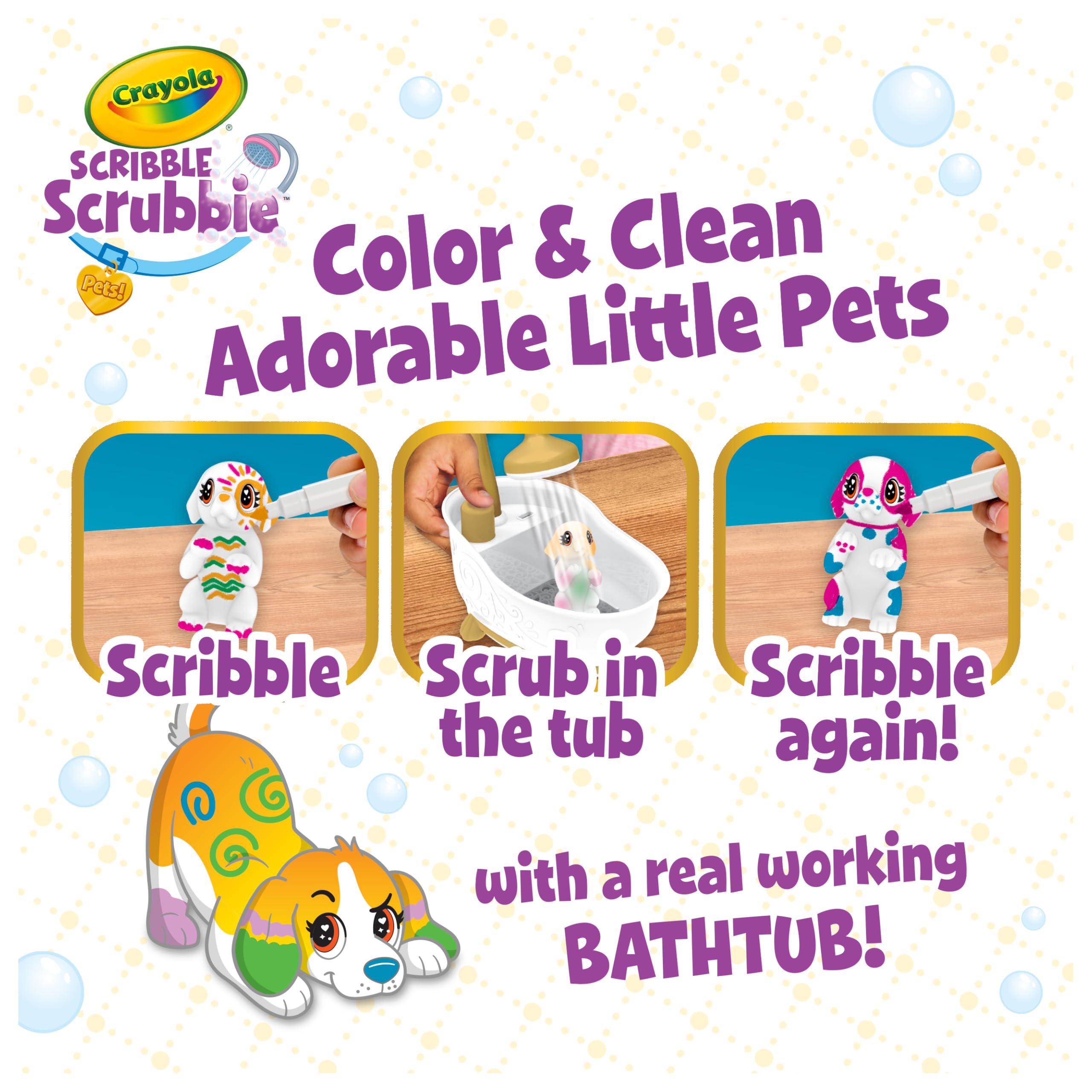 Crayola washable markers and scrub brush neatly arranged, shows easy cleanup tools
