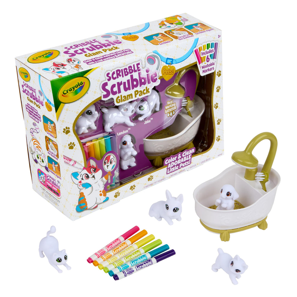 Crayola Scribble Scrubbies pack front view showing toys and tub, encourages creative play