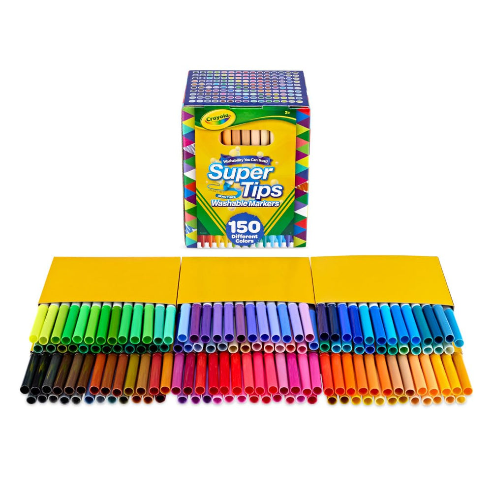 Crayola flatlay of many marker caps displaying wide 150-color range