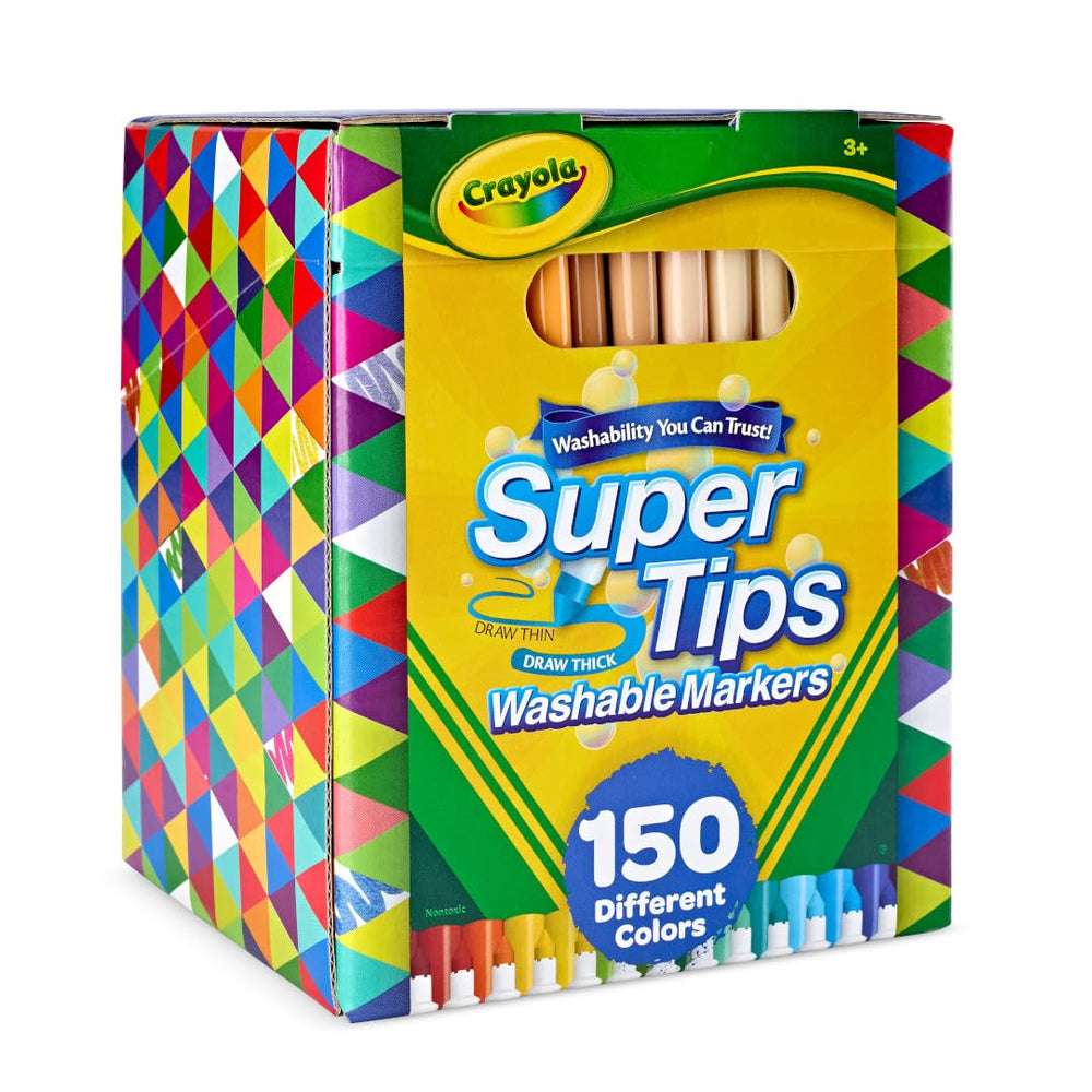 Crayola markers in use by child coloring large poster with bold strokes