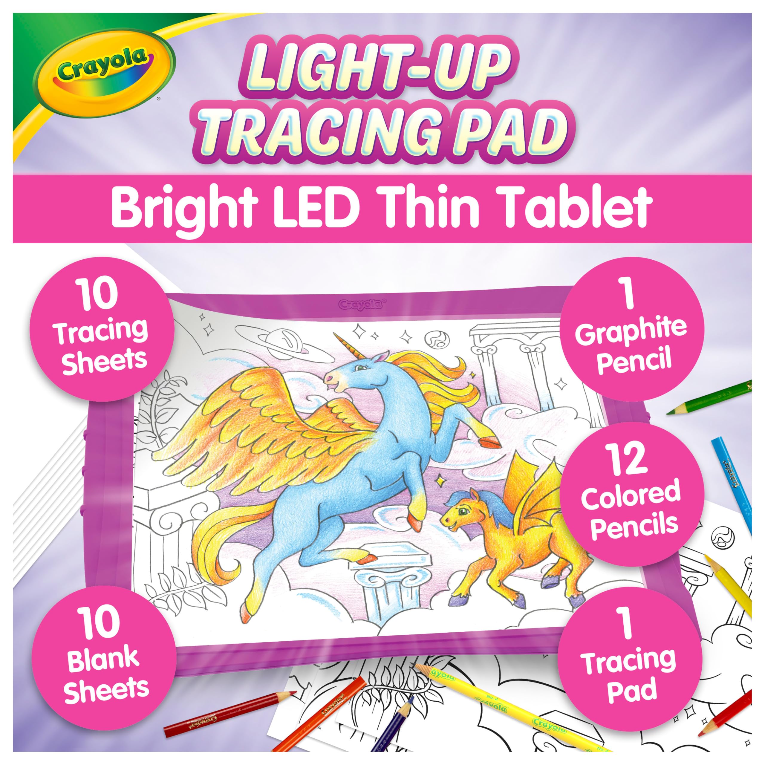 Crayola tabletilla frontal rosa mostrando luz LED y zona de trabajo clara