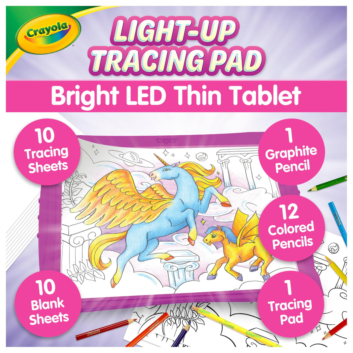 Crayola tabletilla frontal rosa mostrando luz LED y zona de trabajo clara