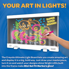 Close-up of Crayola Ultimate Light Board LED effects showing vivid colors and dramatic glow