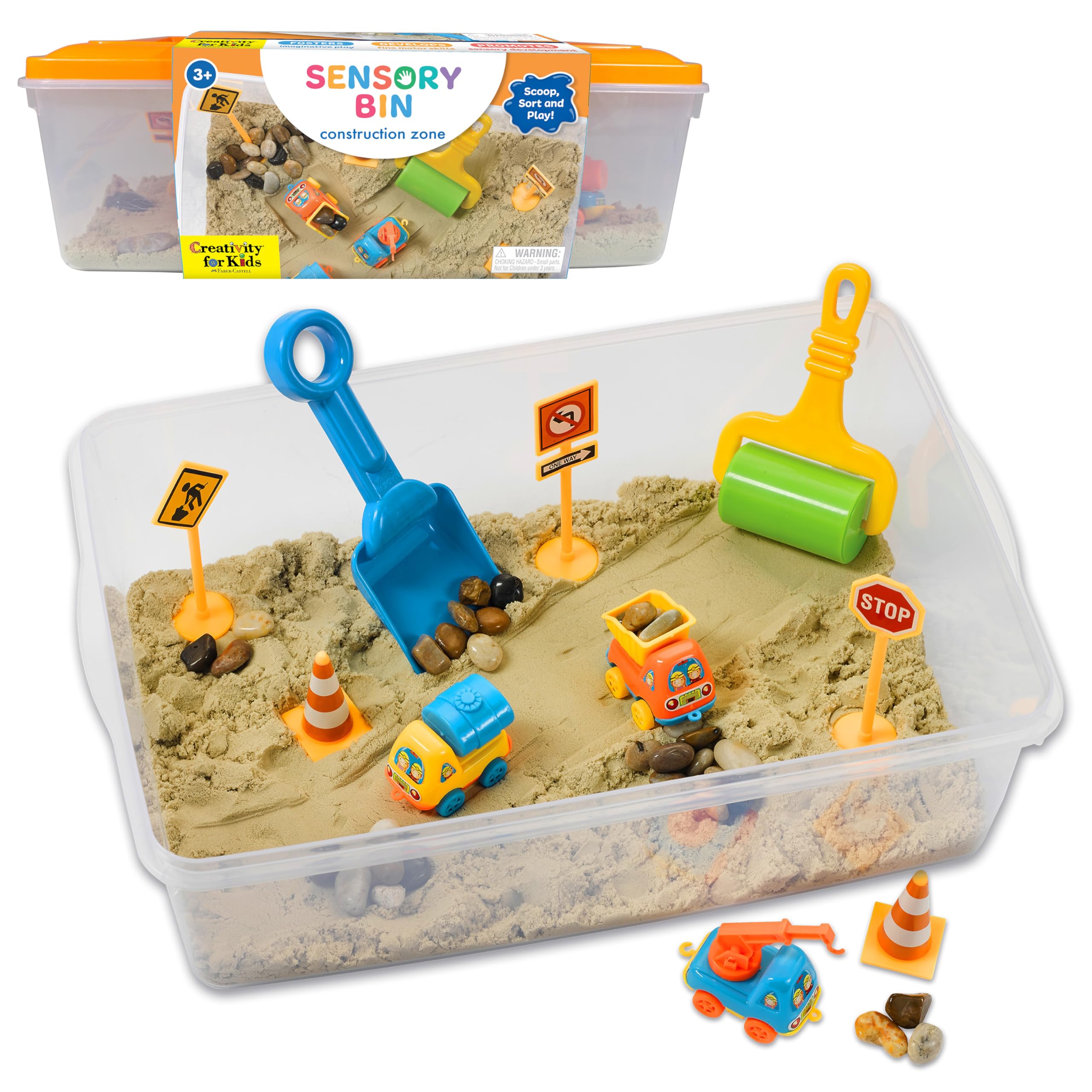 Creativity for Kids vista frontal del set con bandeja y vehículos, fácil almacenamiento