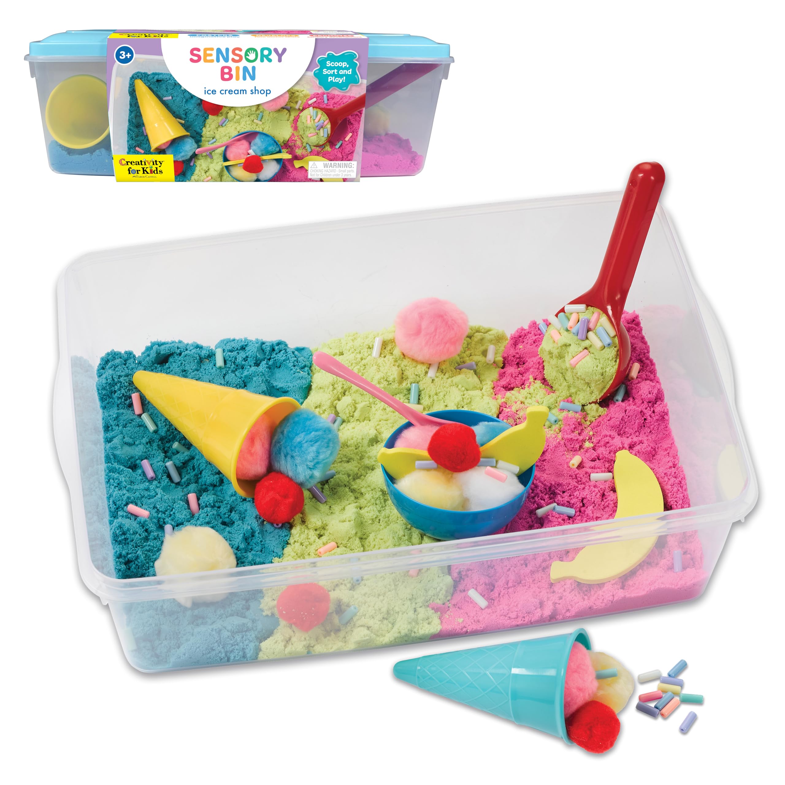 Creativity for Kids front view of ice cream sensory bin showing contents for imaginative play