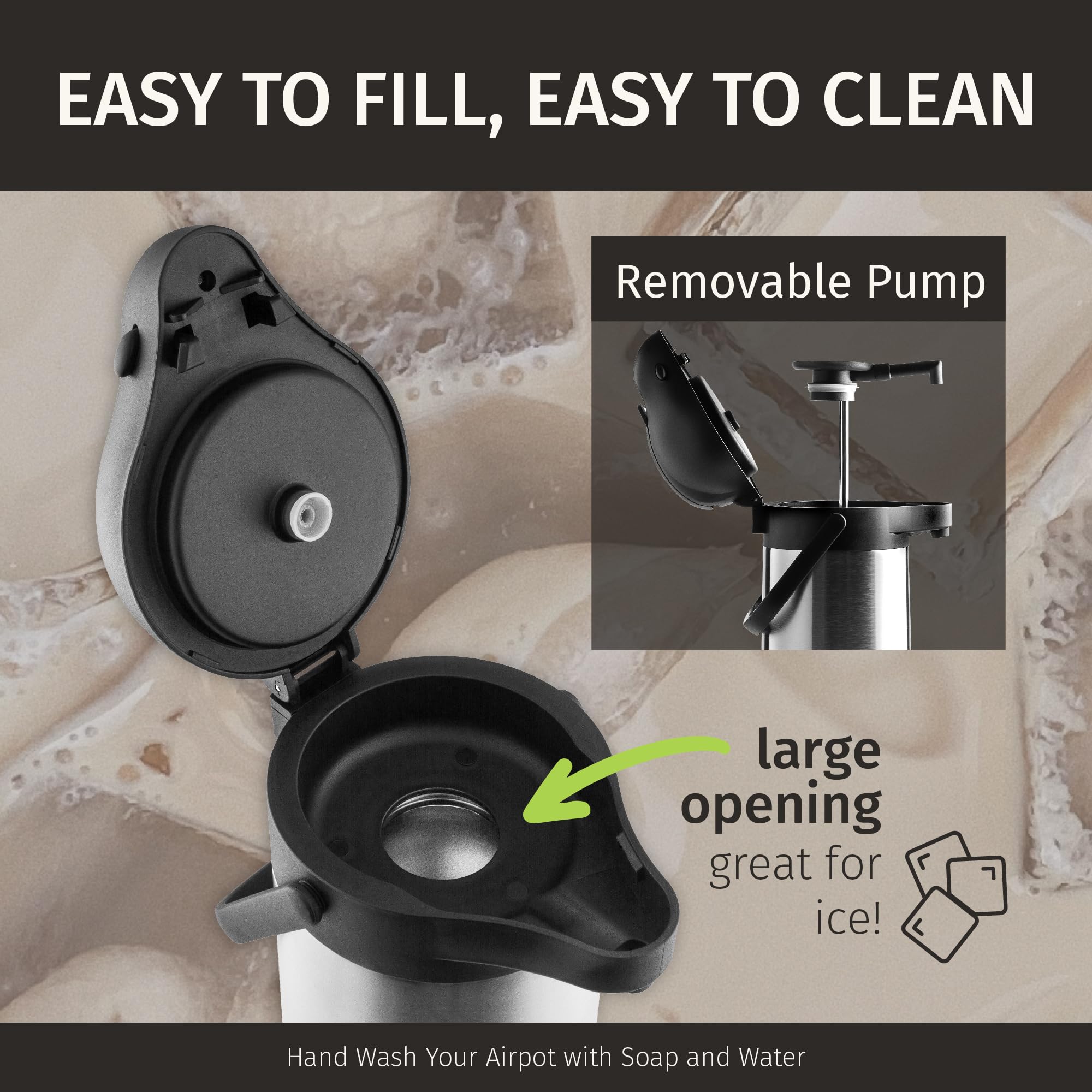 CRESIMO airpot al lado de tazas para mostrar escala y capacidad de 3 litros