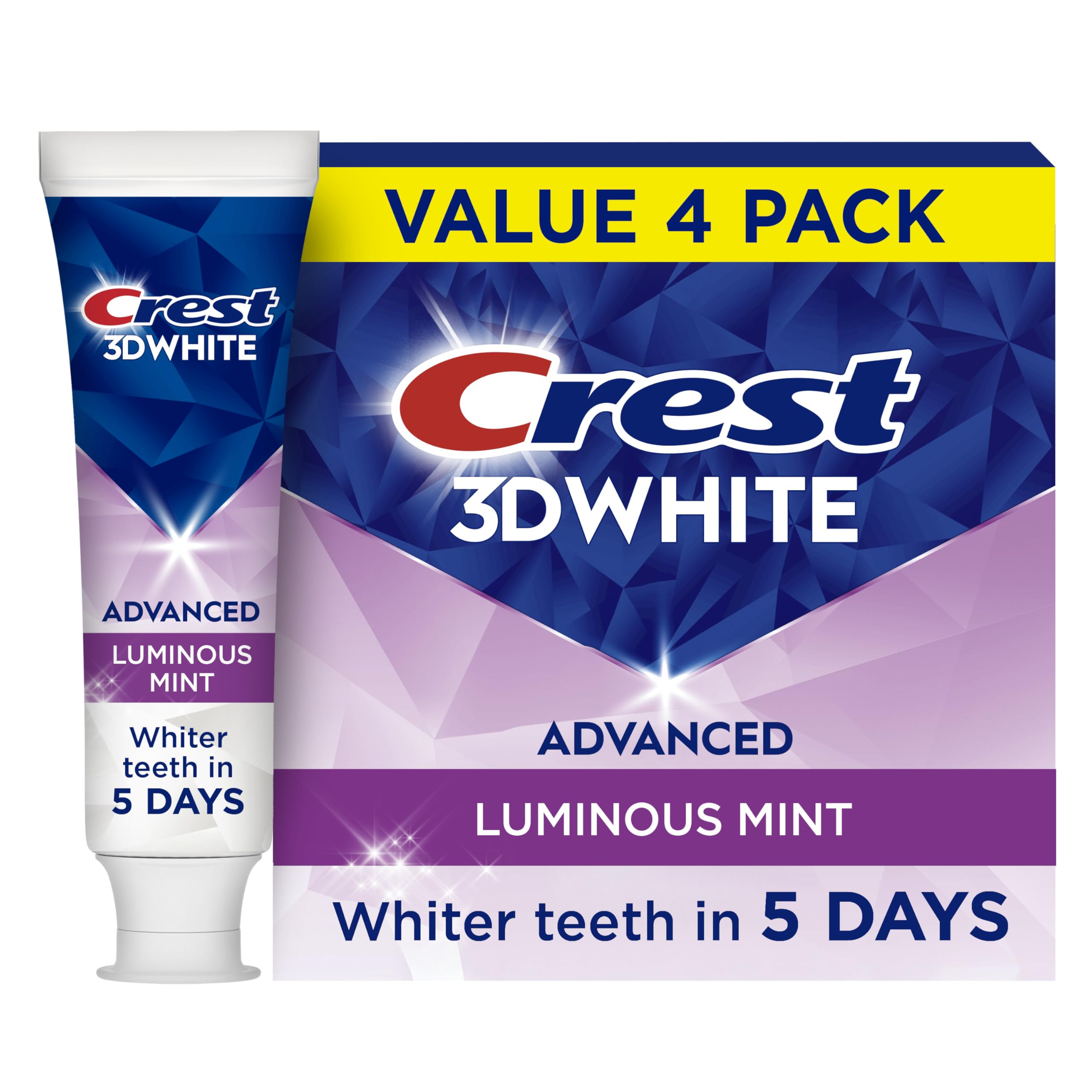 Crest 3D White Advanced vista frontal mostrando tubo y marca, claridad instantánea