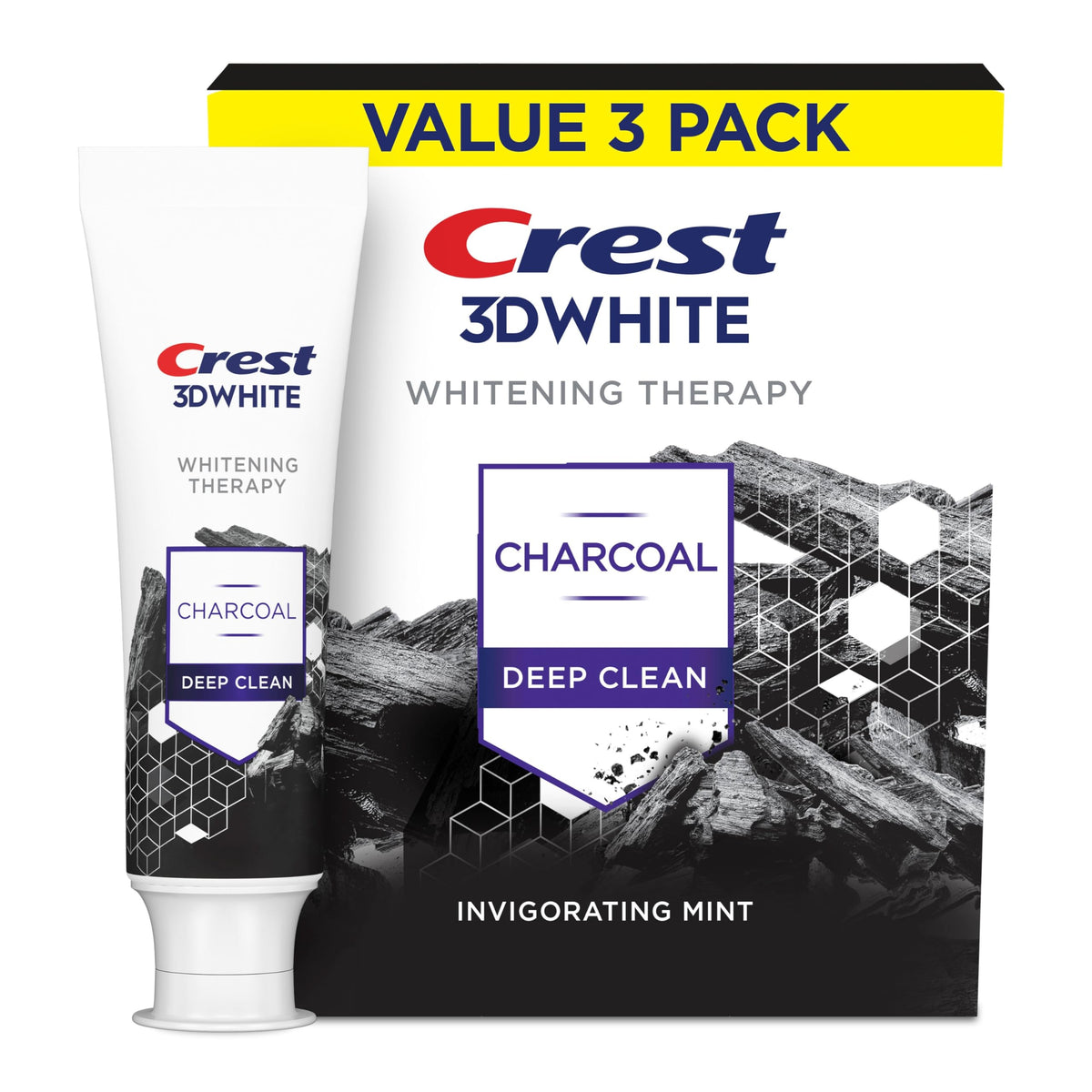 Crest pasta dental frontal con rayas de carbón mostrando embalaje y beneficio blanqueador