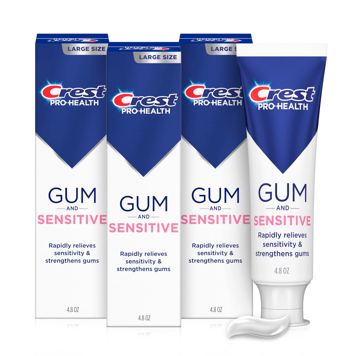 Crest empaque frontal pack de 3 mostrando protección para encías y sensibilidad