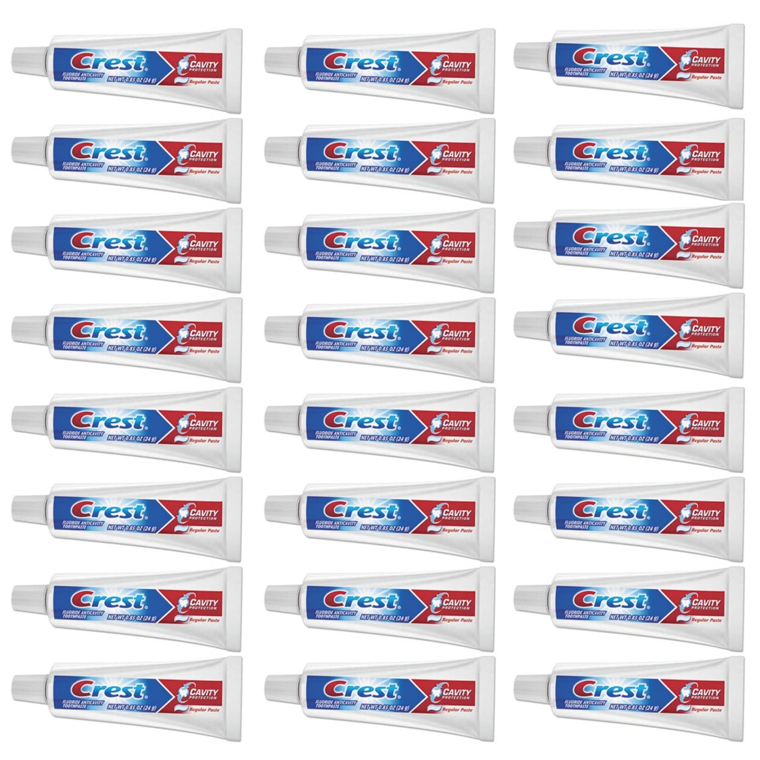 Crest travel tube front packaging showing brand and size for easy identification and portability