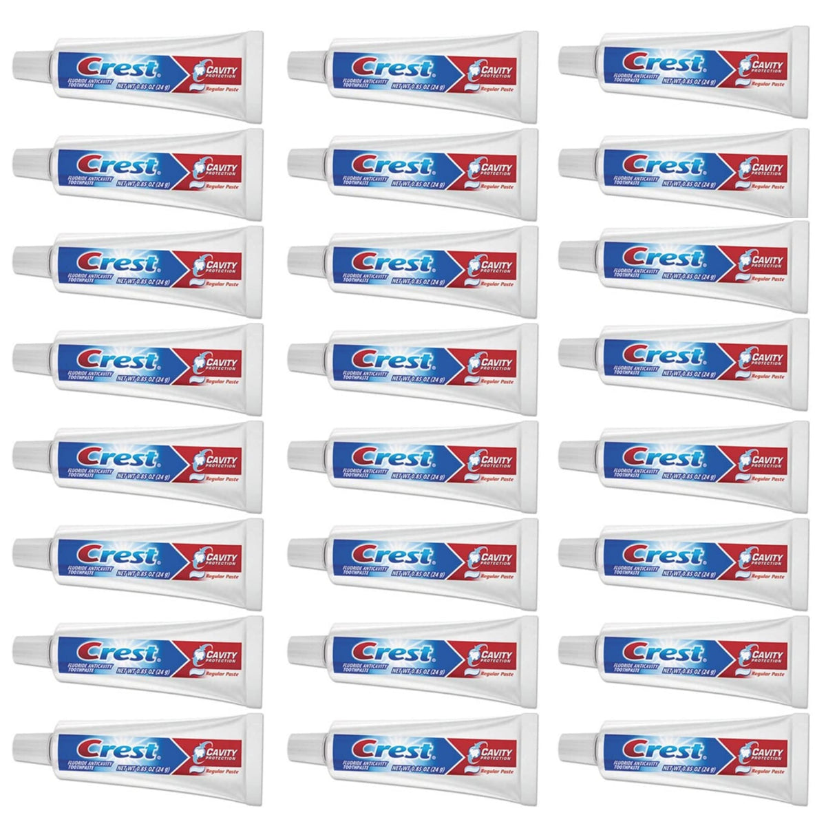 Crest travel tube front packaging showing brand and size for easy identification and portability