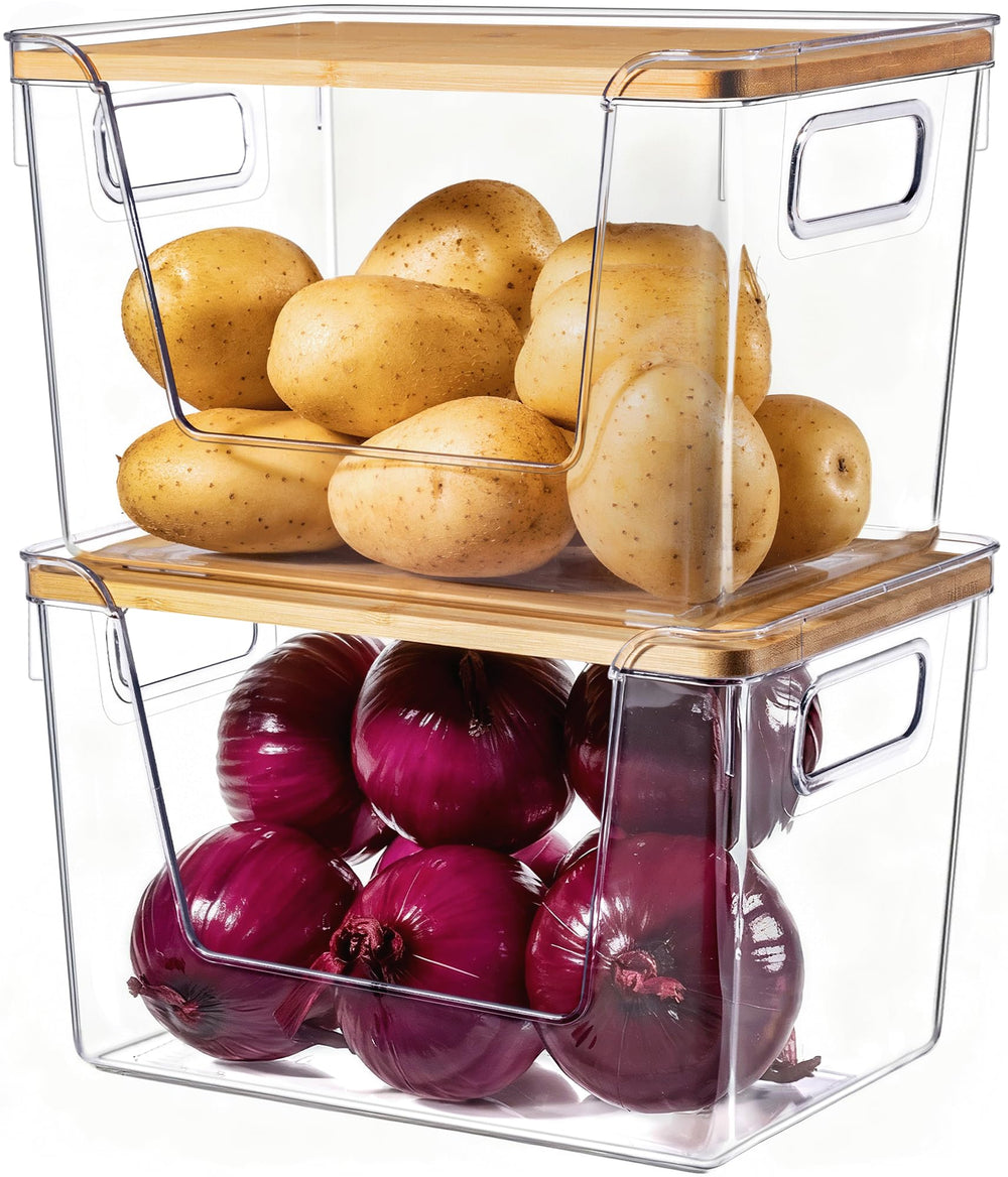 Criusia front packaging view showing clear bins and bamboo lids for organized storage