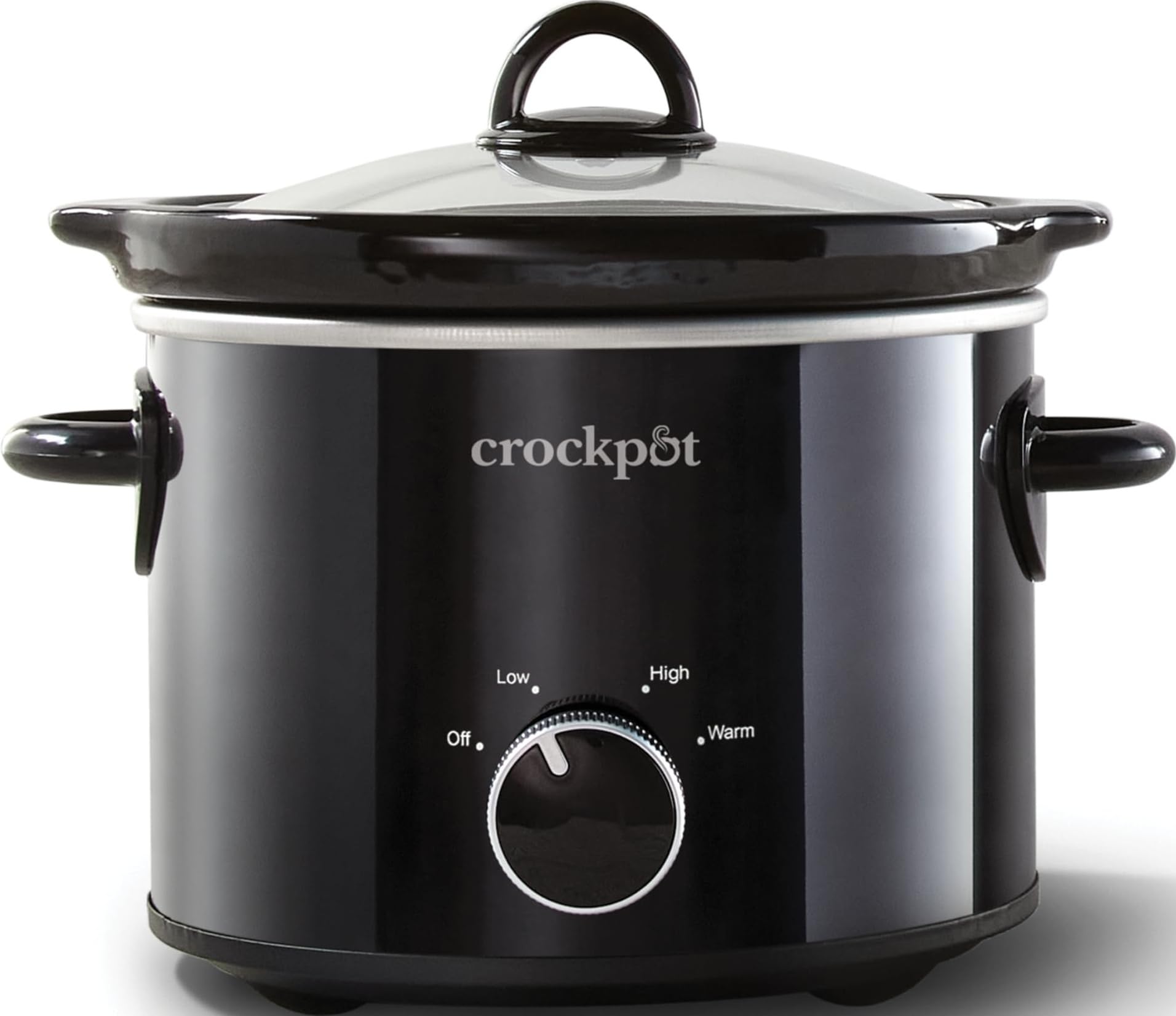 Crock-Pot frontal con acabado negro mostrando control manual y beneficio de simplicidad