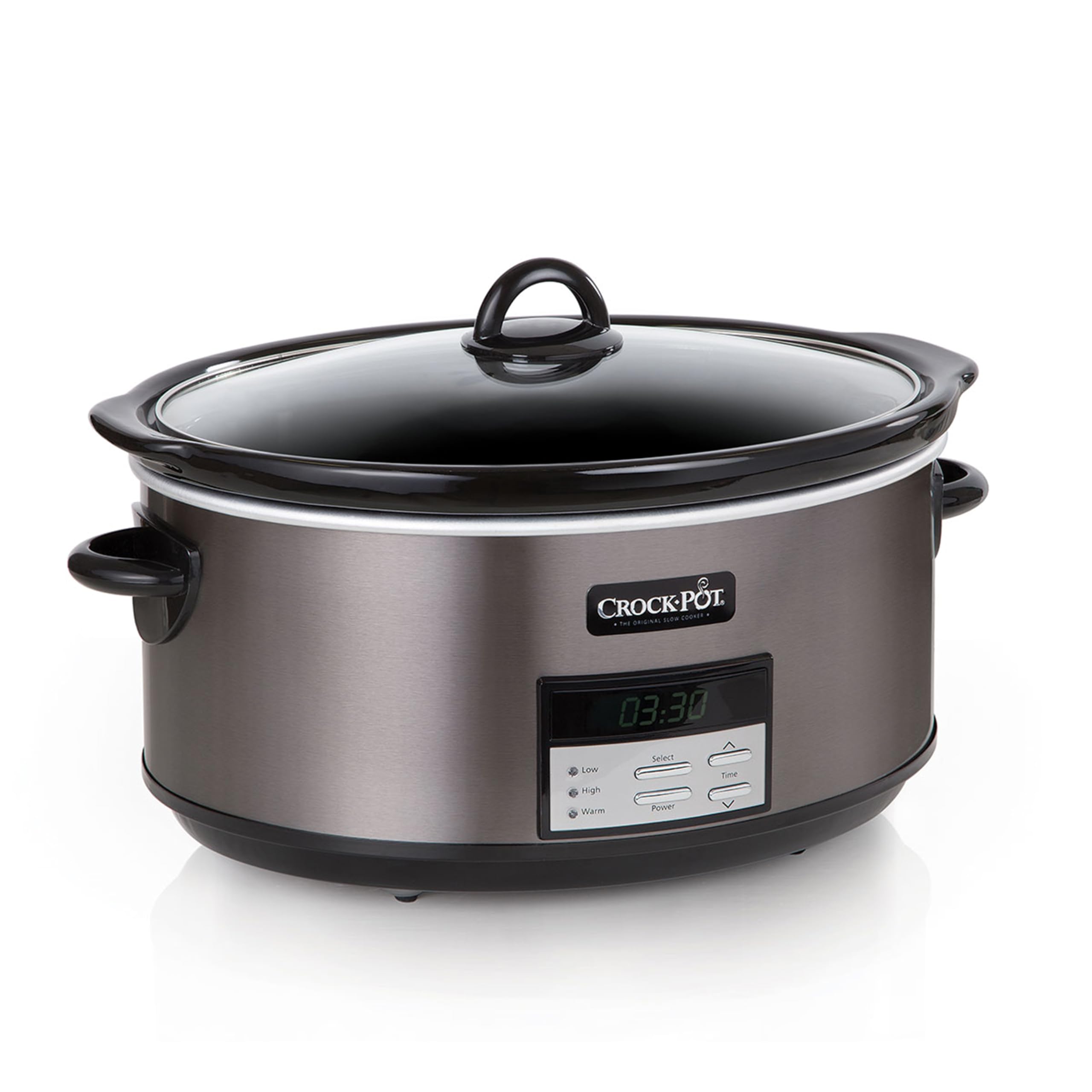 Crock-Pot front view in black stainless showing sleek design and easy cleaning