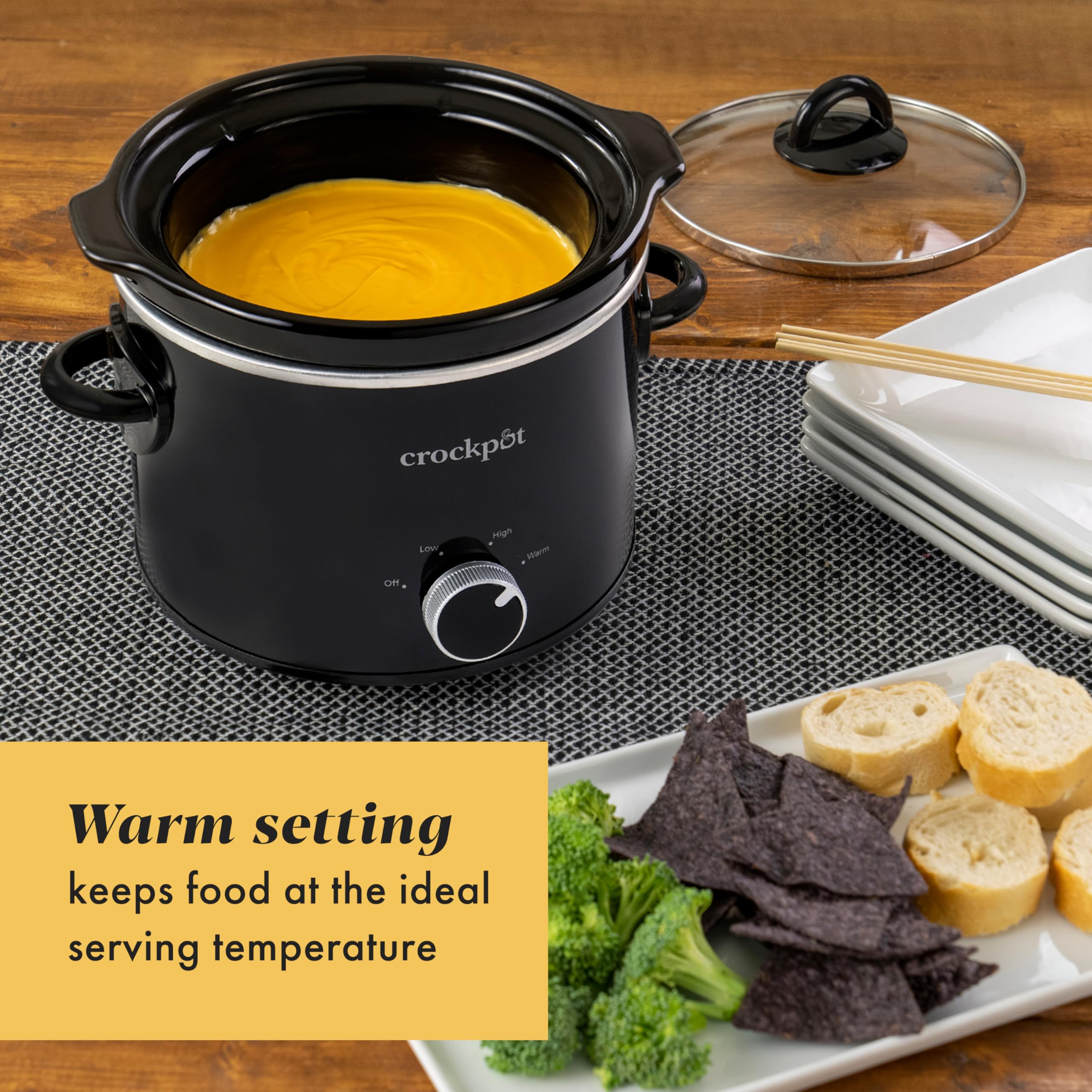 Crock-Pot tapa de vidrio y piedra cerámica ilustrando limpieza fácil y seguridad