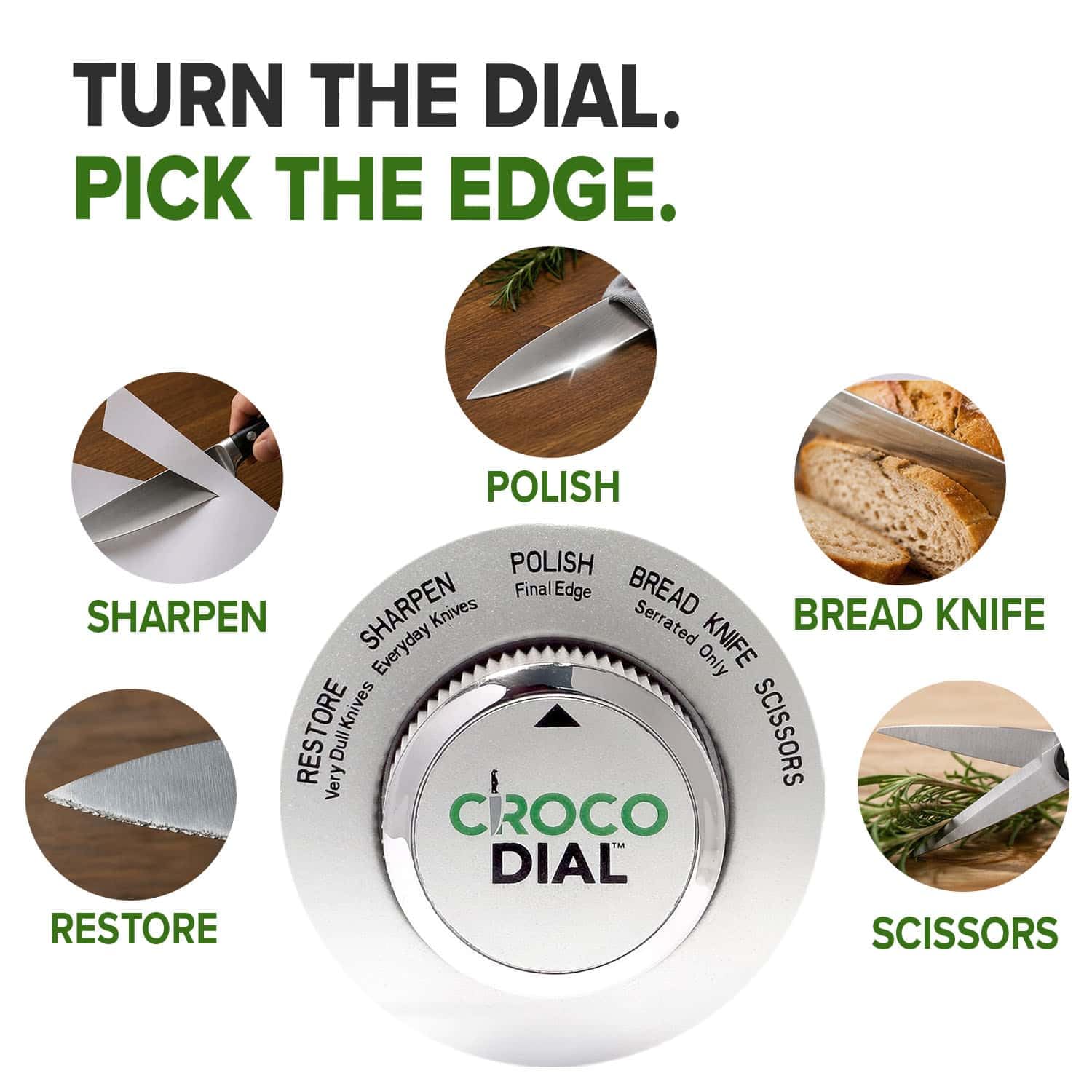 Croco Dial junto a cuchillo para mostrar escala compacta y fácil guardado