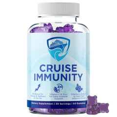 CRUISE IMMUNITY frasco delantero mostrando la etiqueta y beneficios rápidos