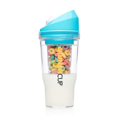 CRUNCHCUP blue front view showing compact, spill-resistant design and portability