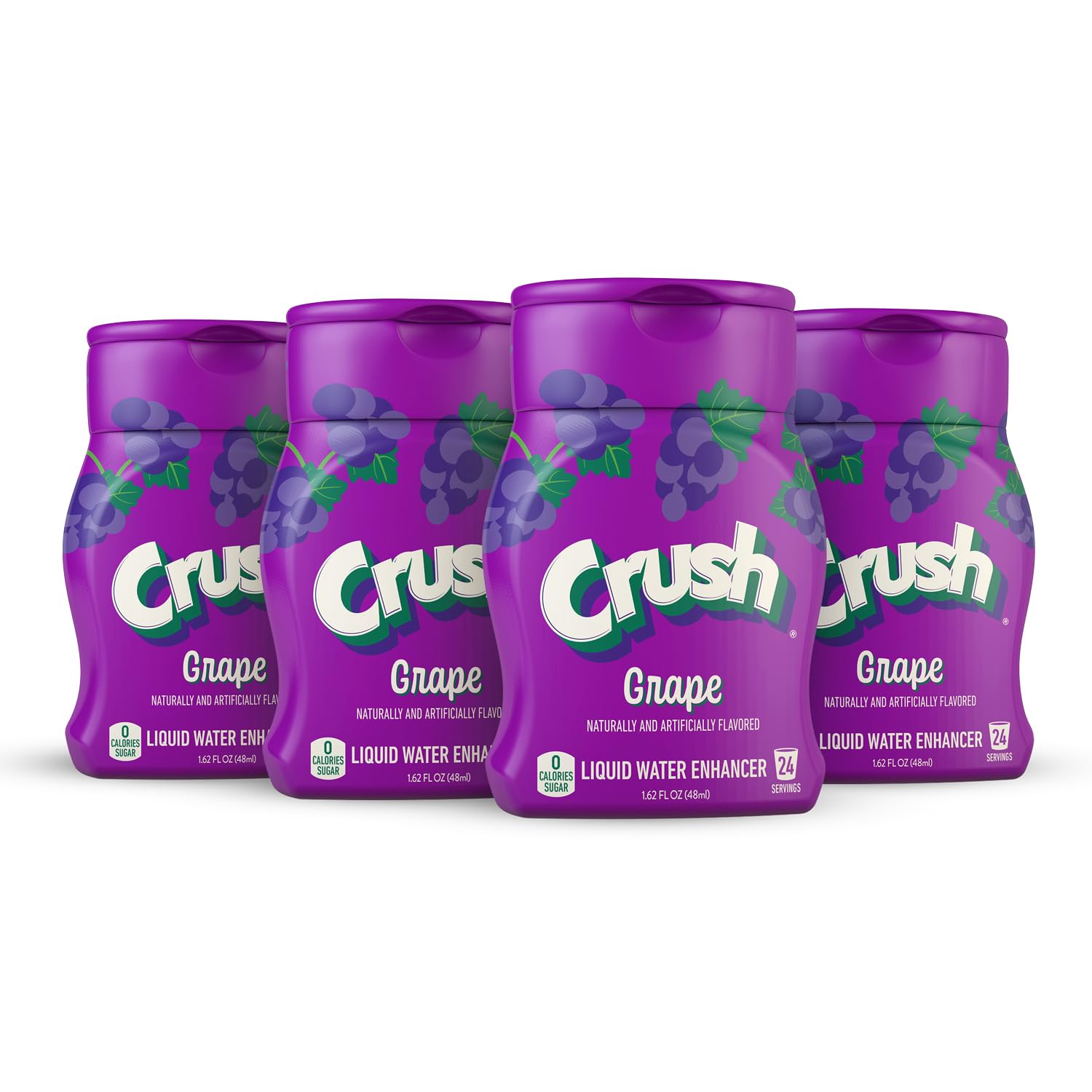 Crush front packaging showing four grape enhancer bottles and clarity benefit