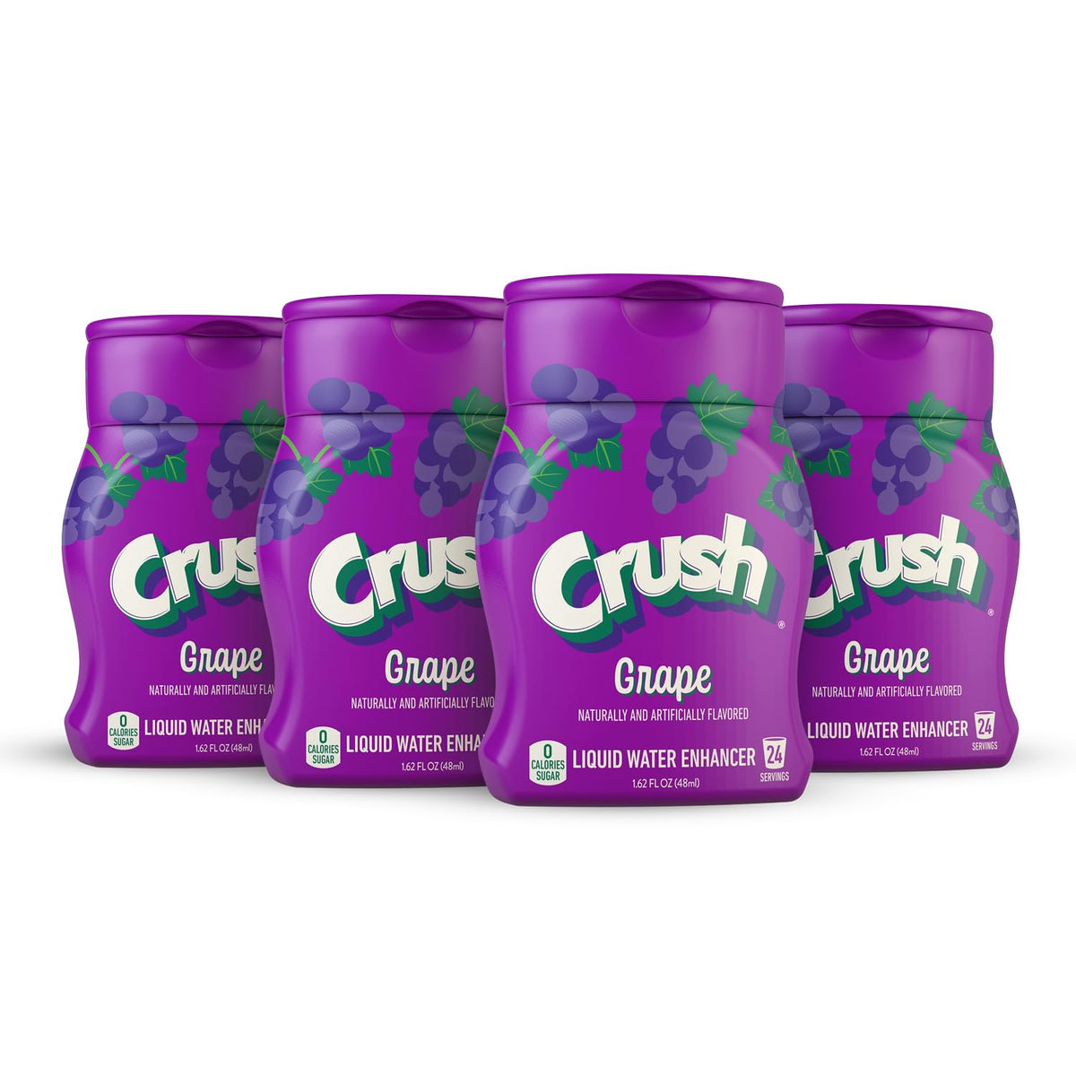 Crush front packaging showing four grape enhancer bottles and clarity benefit