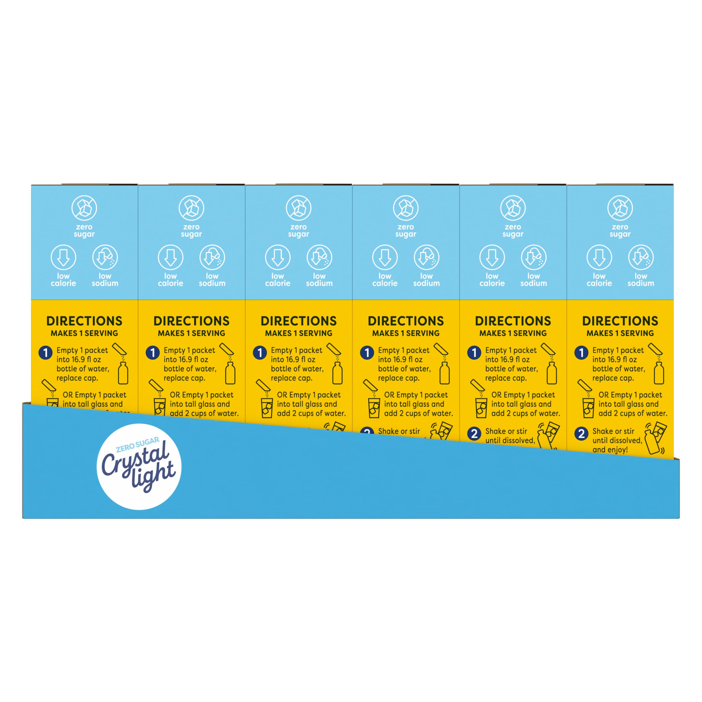 Crystal Light caja abierta con sobres sellados listos para usar