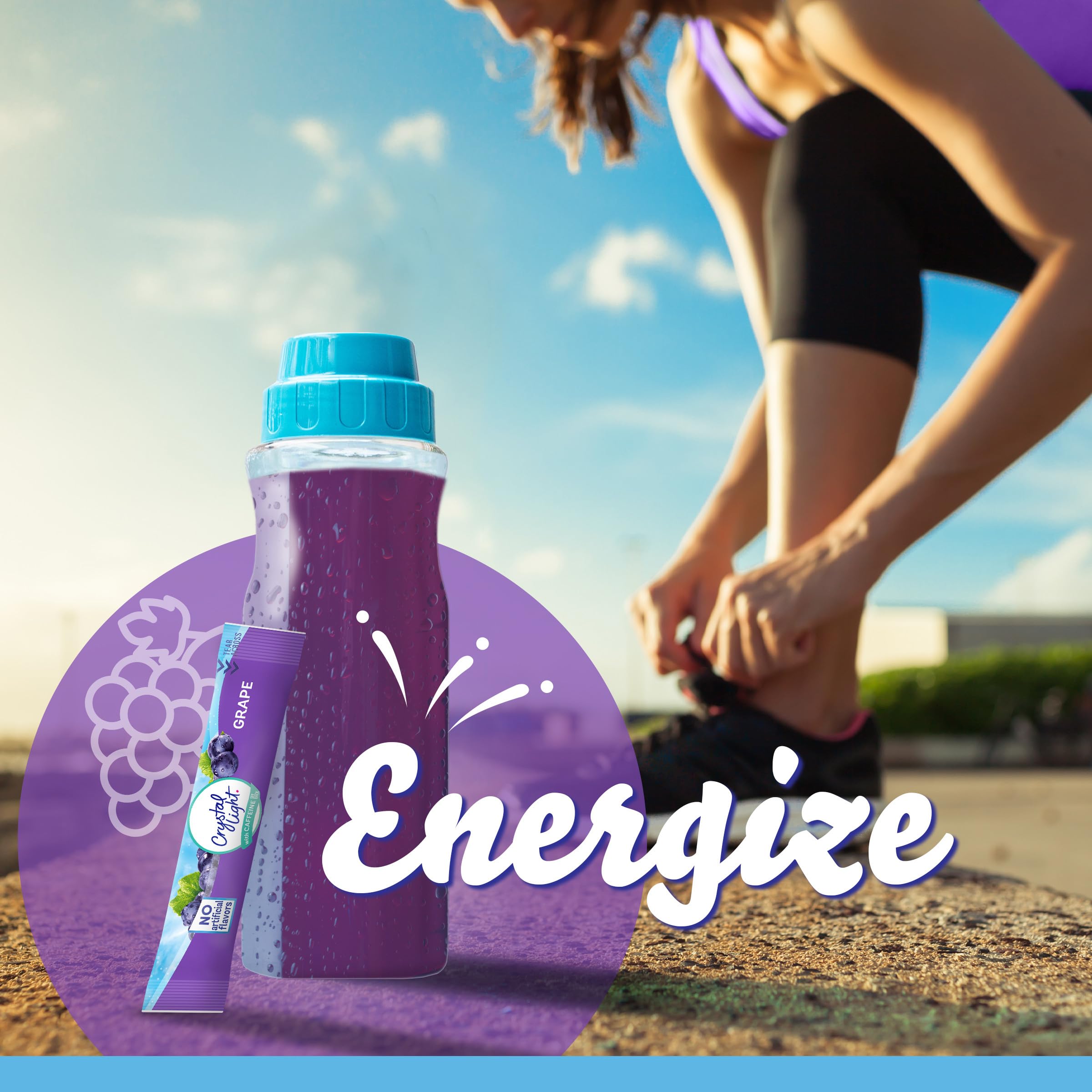 Crystal Light etiqueta nutricional visible en caja, información clara de calorías y cafeína