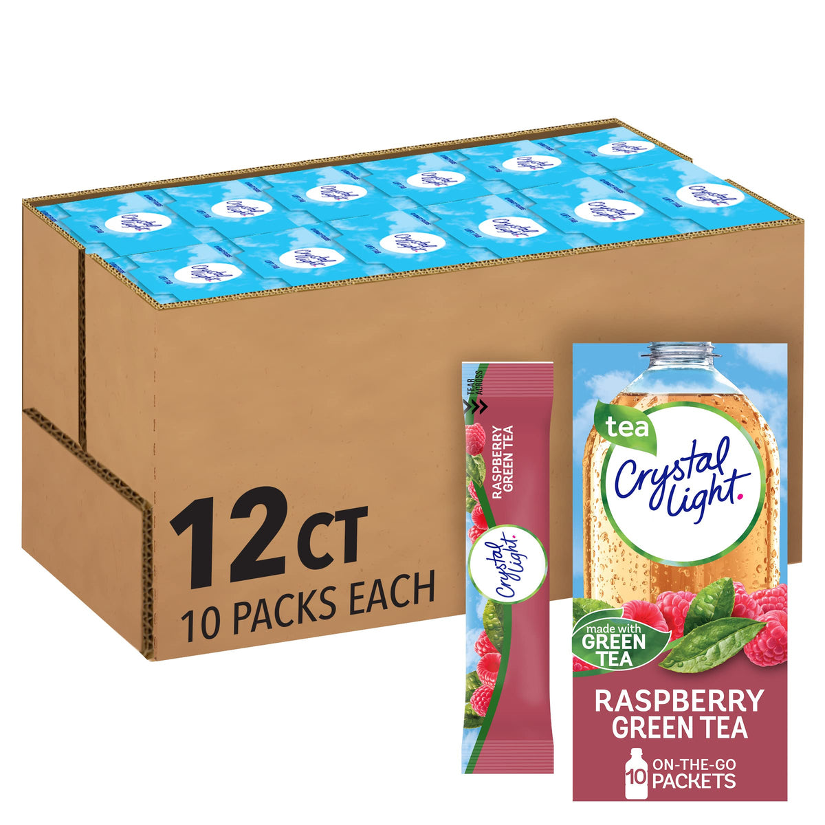 Crystal Light frente del empaque mostrando 120 sobres, práctico y compacto