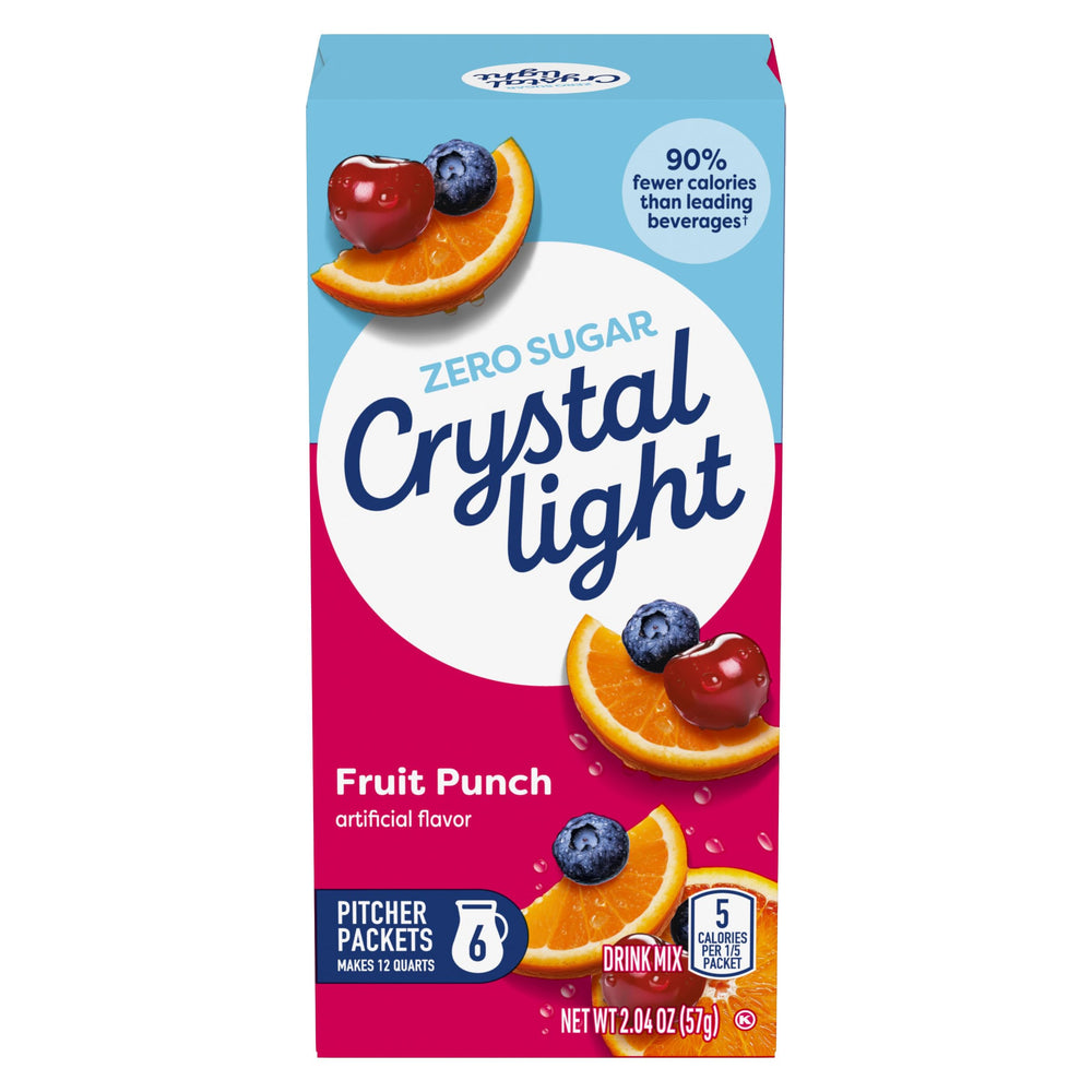 Crystal Light empaque frontal mostrando 72 sobres y beneficio de baja caloría