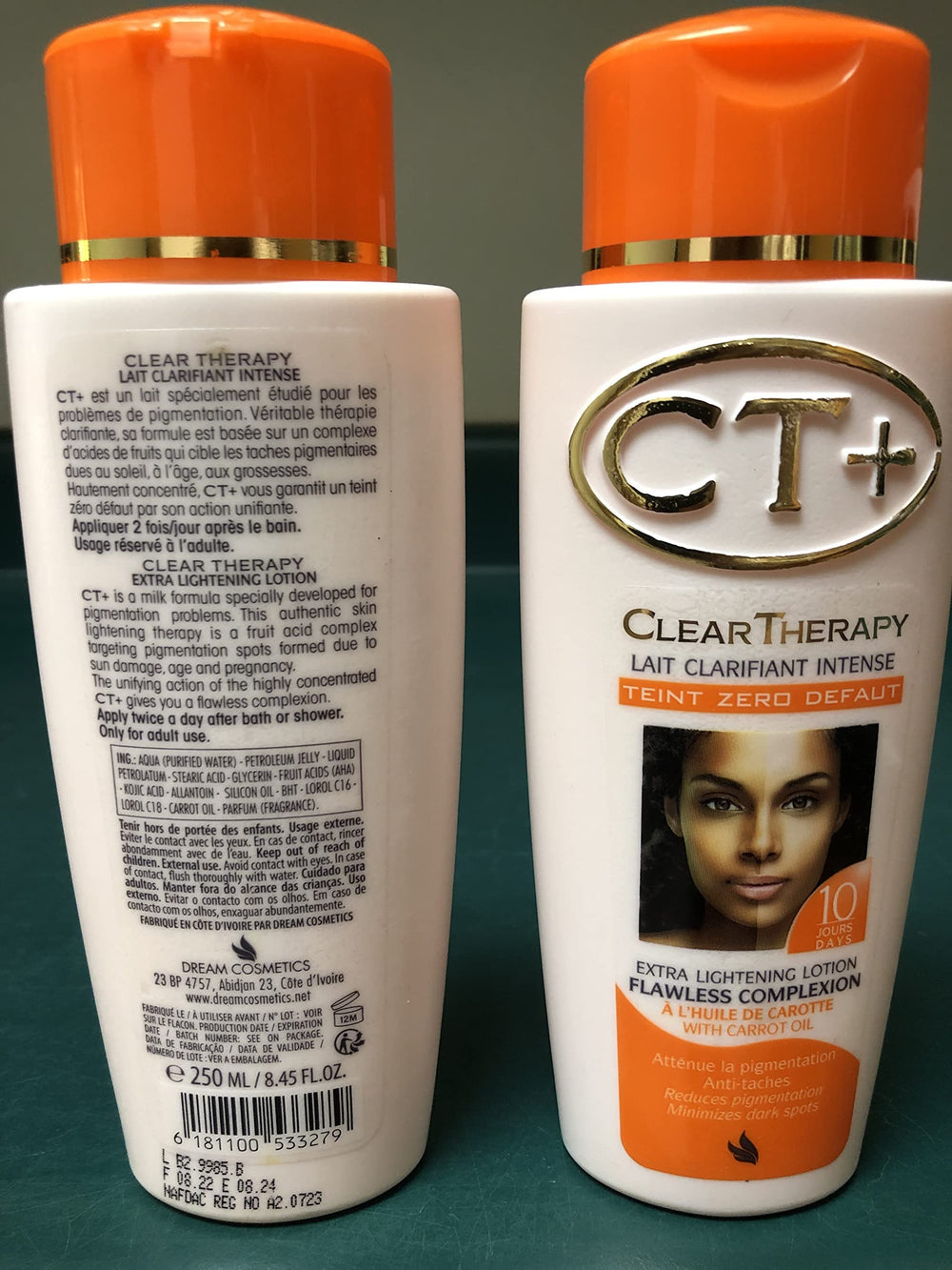 CT+ Clear Therapy envase 250ml junto a regla para comparar tamaño