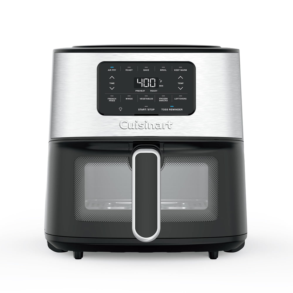 Cuisinart air fryer front view showing stainless steel finish and compact countertop footprint