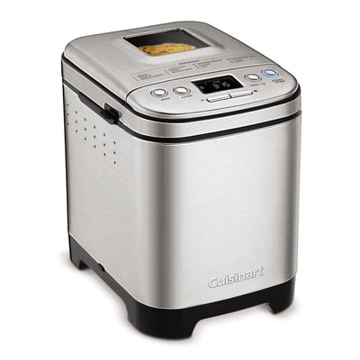 Cuisinart front view stainless steel bread maker showing compact design and benefits