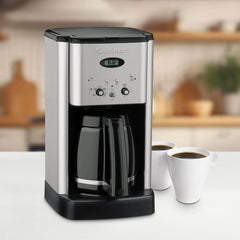 Cuisinart Brew Central glass carafe closeup highlighting dripless spout and ergonomic handle benefit: spill-free pouring