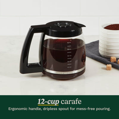 Cuisinart Brew Central side profile emphasizing compact footprint and cord storage benefit: neat countertop fit