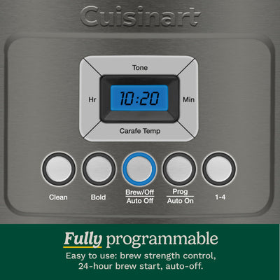 Cuisinart backlit LCD control panel showing programmable timer and brew settings