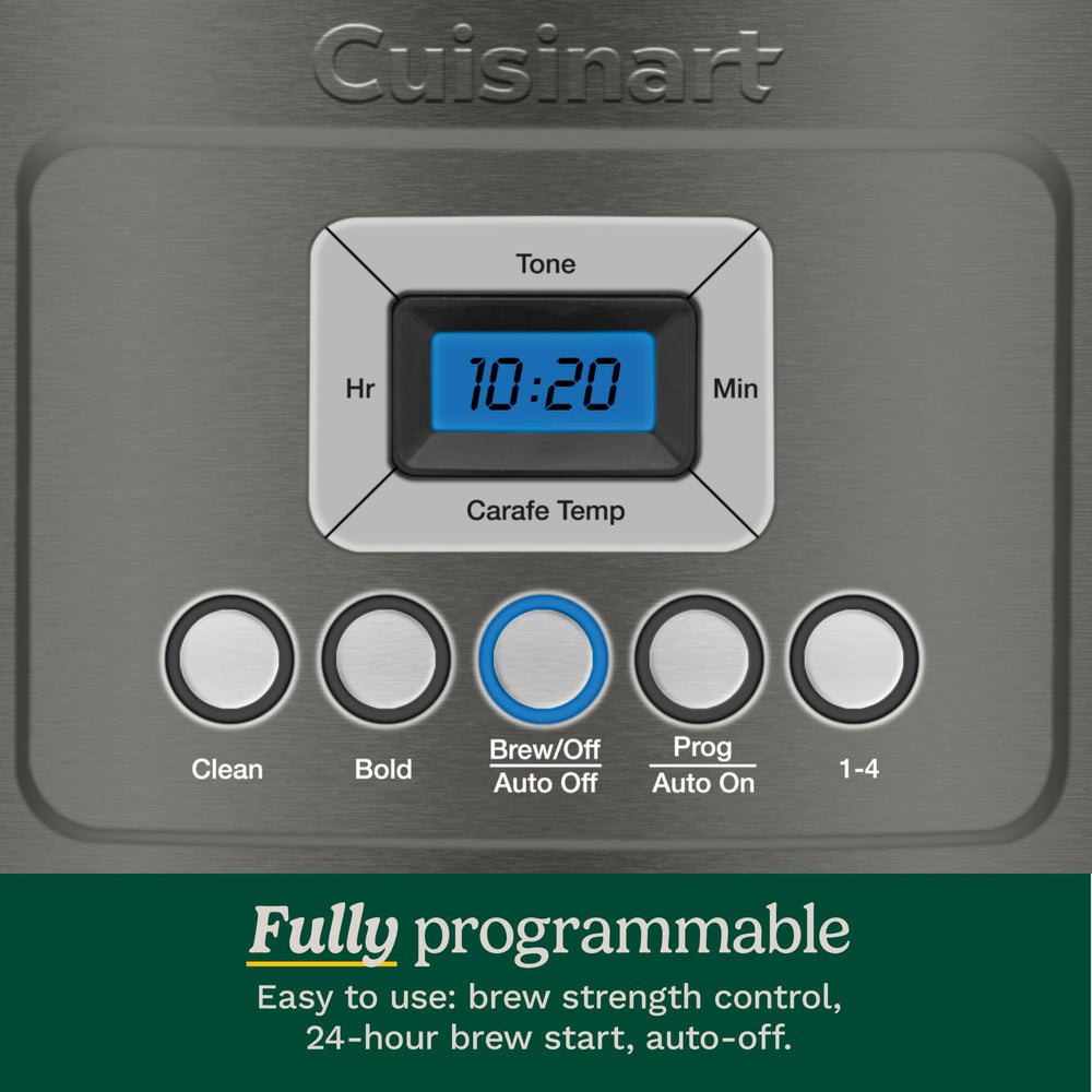 Cuisinart backlit LCD control panel showing programmable timer and brew settings