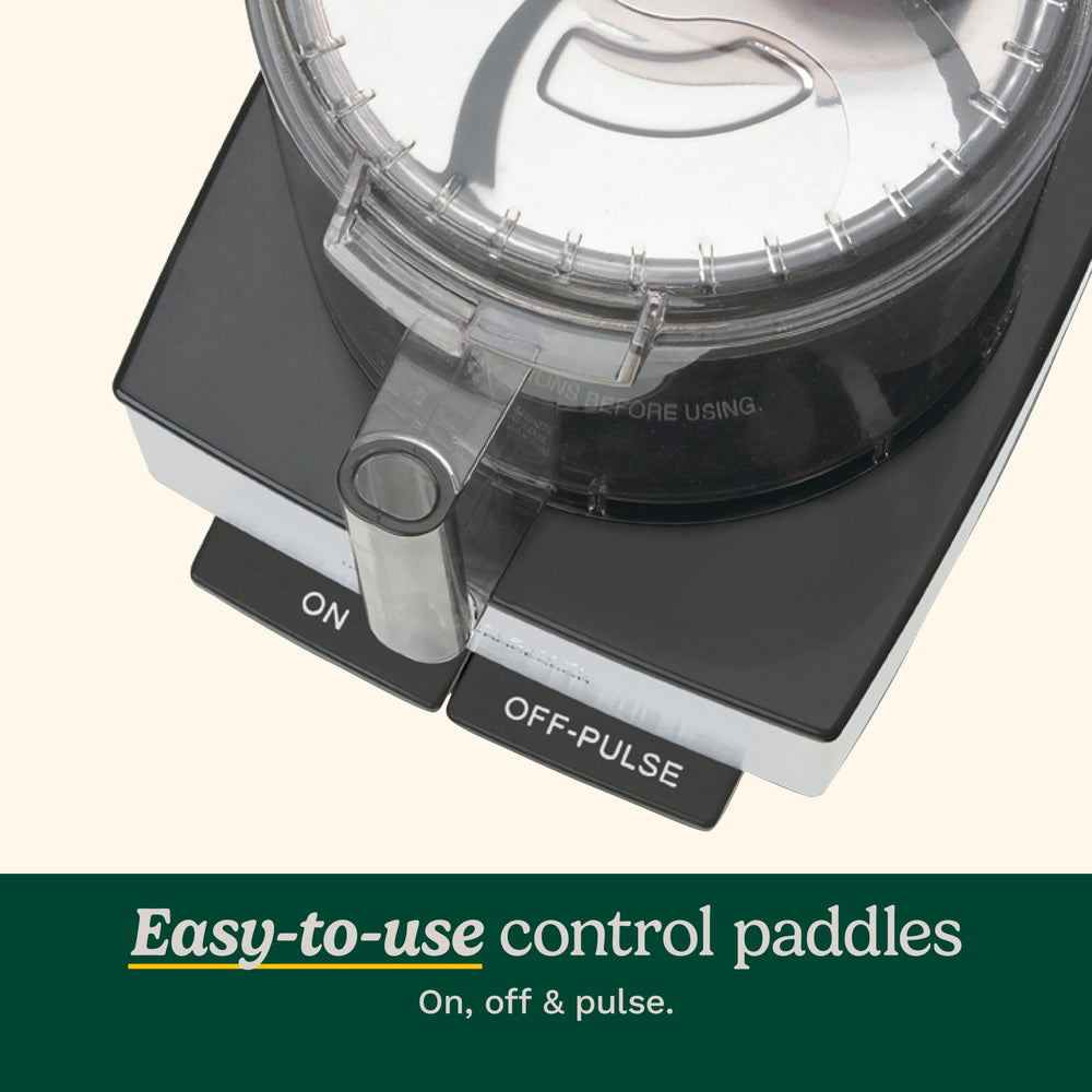 Cuisinart extra-large feed tube detail that fits whole fruits and speeds prep