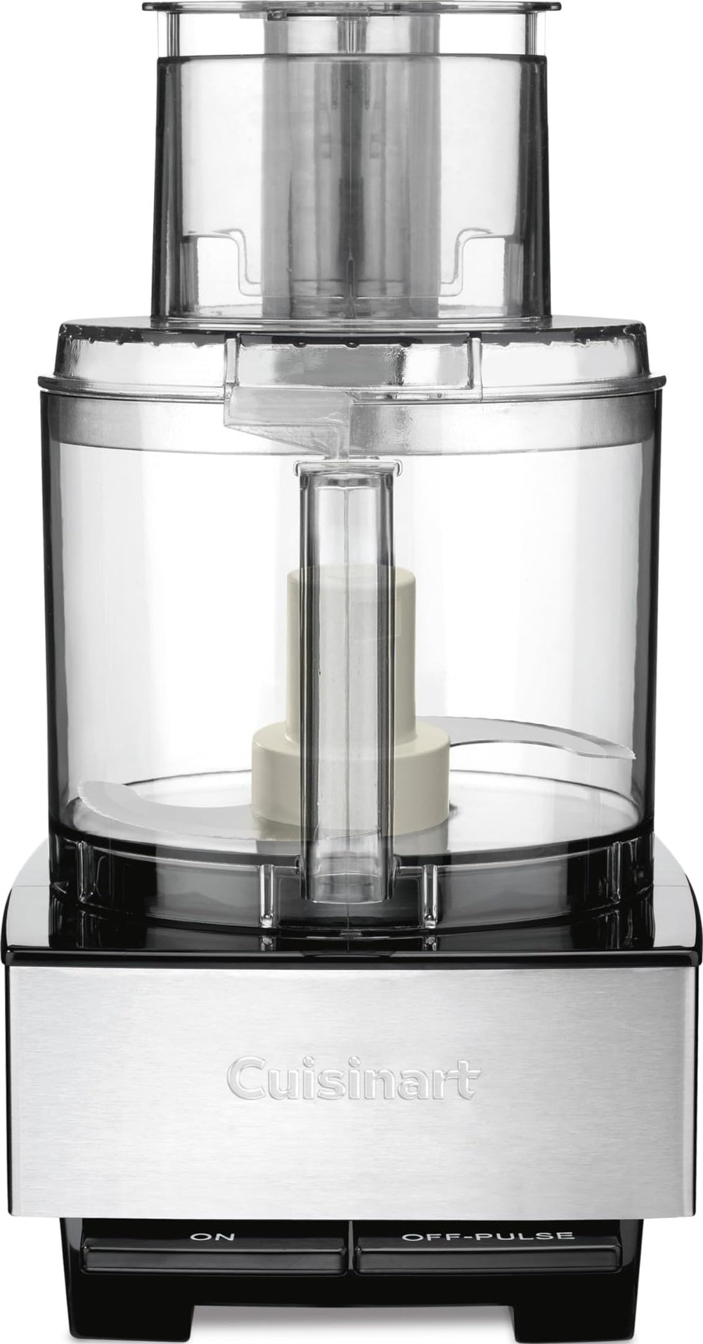 Cuisinart front view showing stainless steel body and 14-cup bowl offering durable capacity