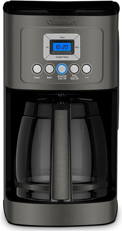 Cuisinart front view showing stainless-steel body and glass carafe for reliable brewing