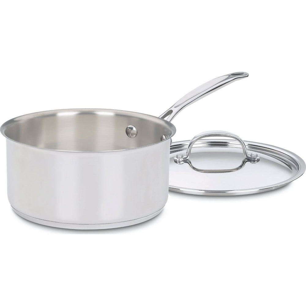 Cuisinart saucepan front view showing polished finish and tight lid for lasting durability