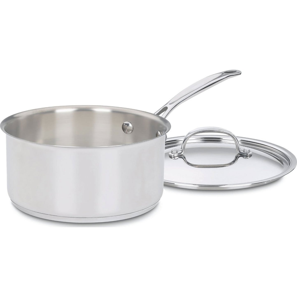 Cuisinart saucepan front view showing polished finish and tight lid for lasting durability