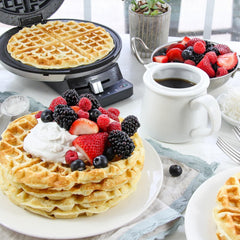 Cuisinart waffle maker control dial closeup showing five browning settings for precision