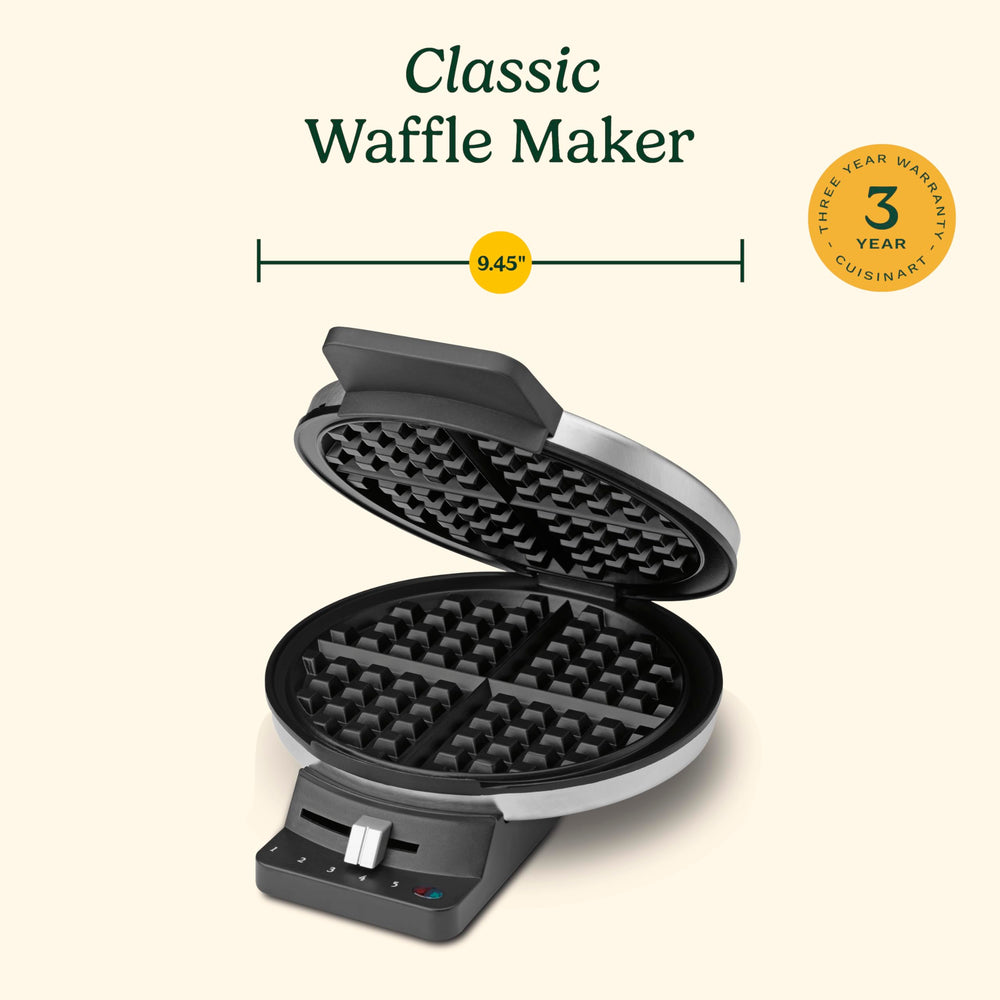 Cuisinart waffle maker on breakfast table with toppings showing versatile serving options