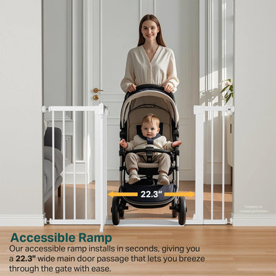 Cumbor gate in family room with child and dog showing controlled safe space