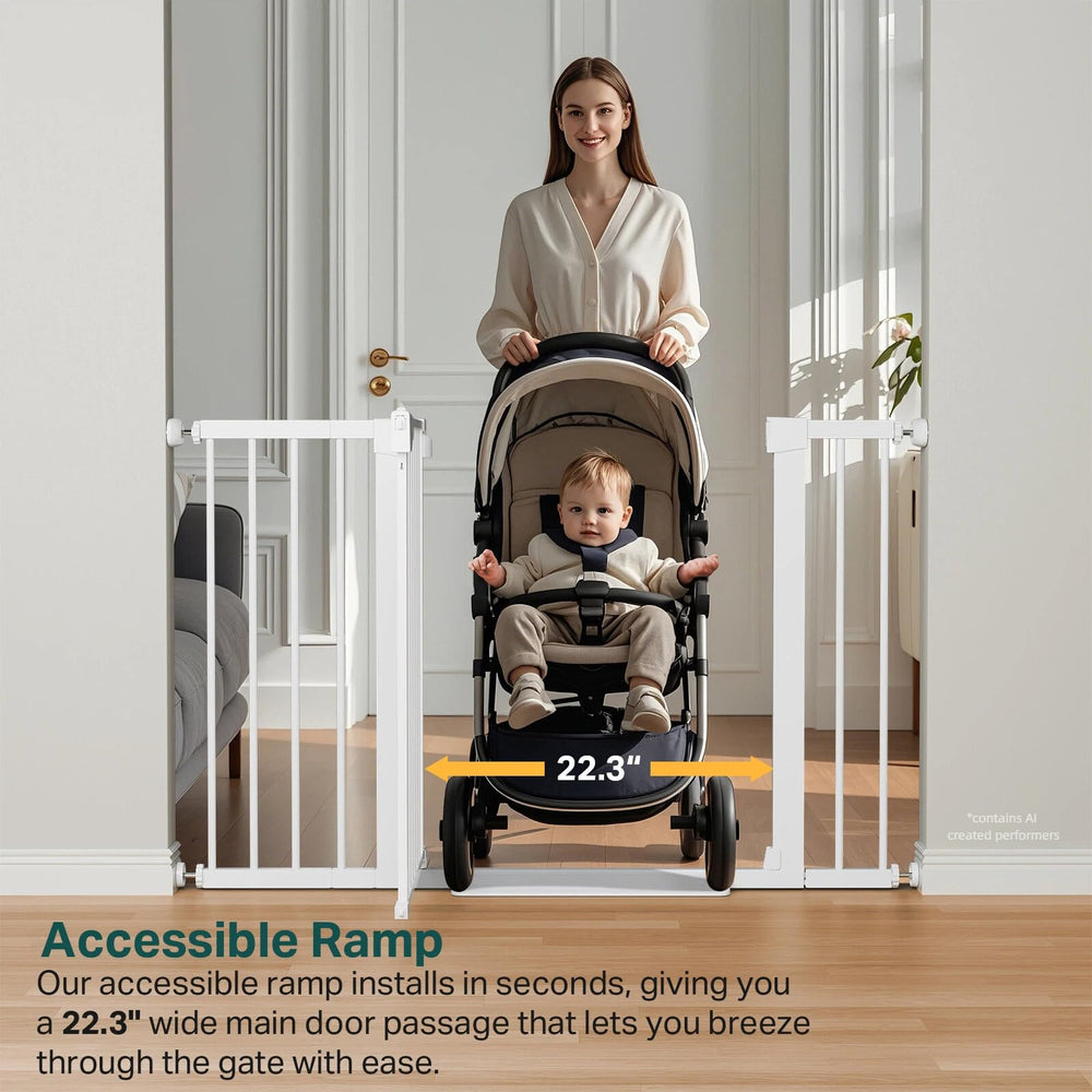 Cumbor gate in family room with child and dog showing controlled safe space