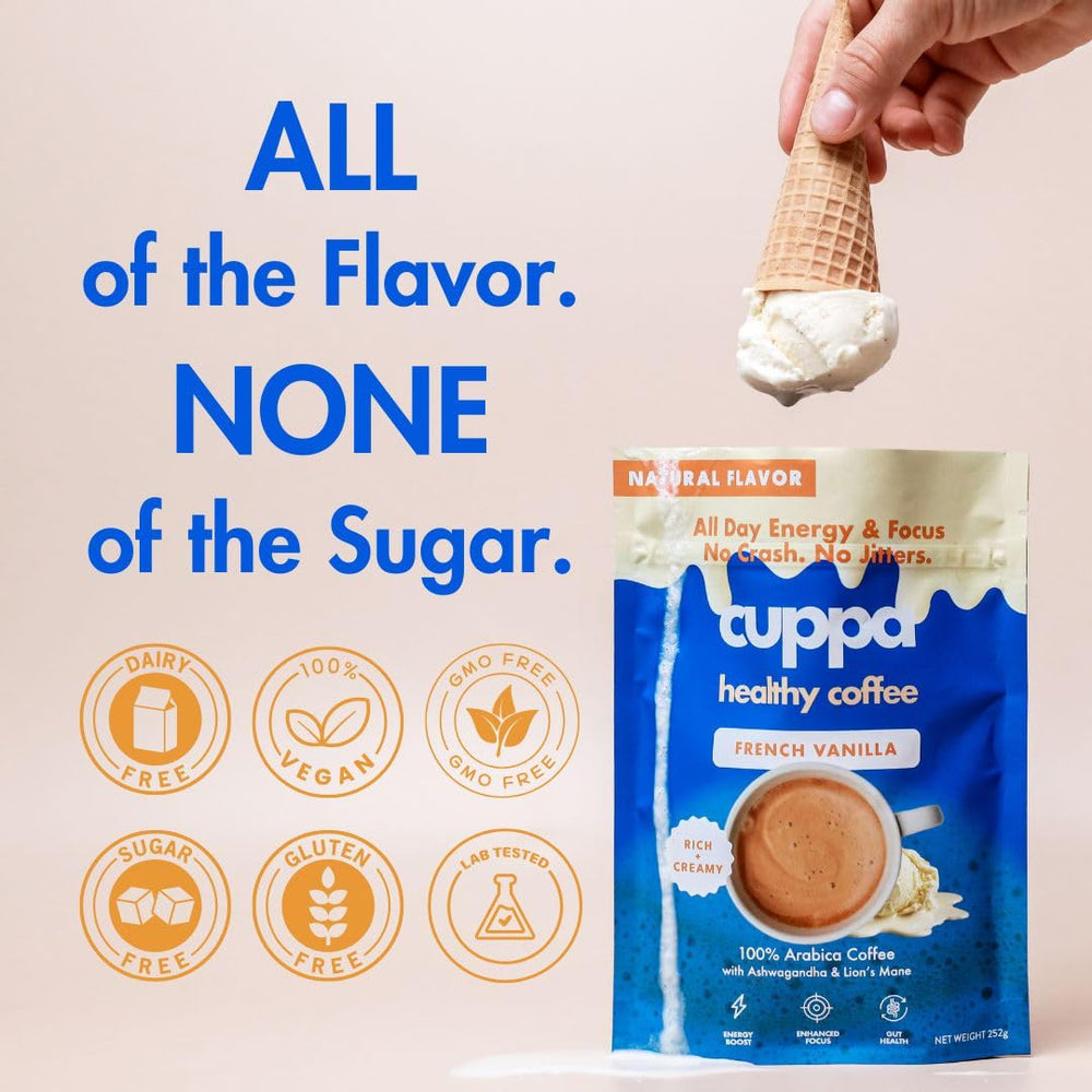Cuppa Healthy Coffee ingredient label showing mushrooms and adaptogens transparency