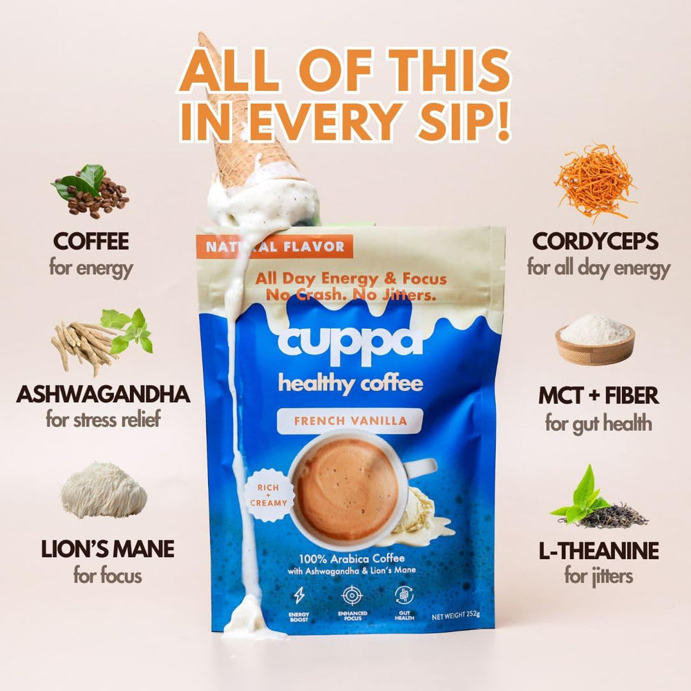Cuppa Healthy Coffee powder close-up highlighting smooth texture and easy mixing