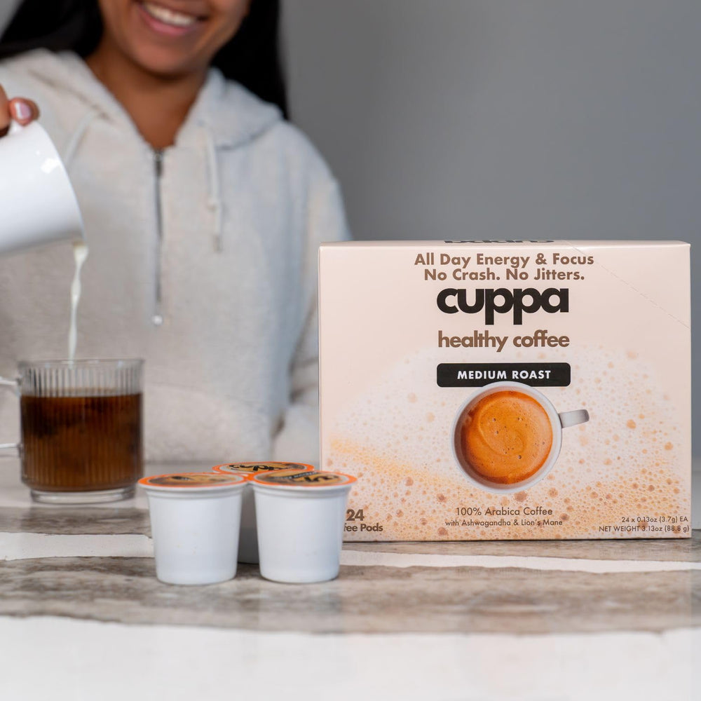 Cuppa Healthy Coffee packaging label and ingredient list emphasizing organic mushroom extracts
