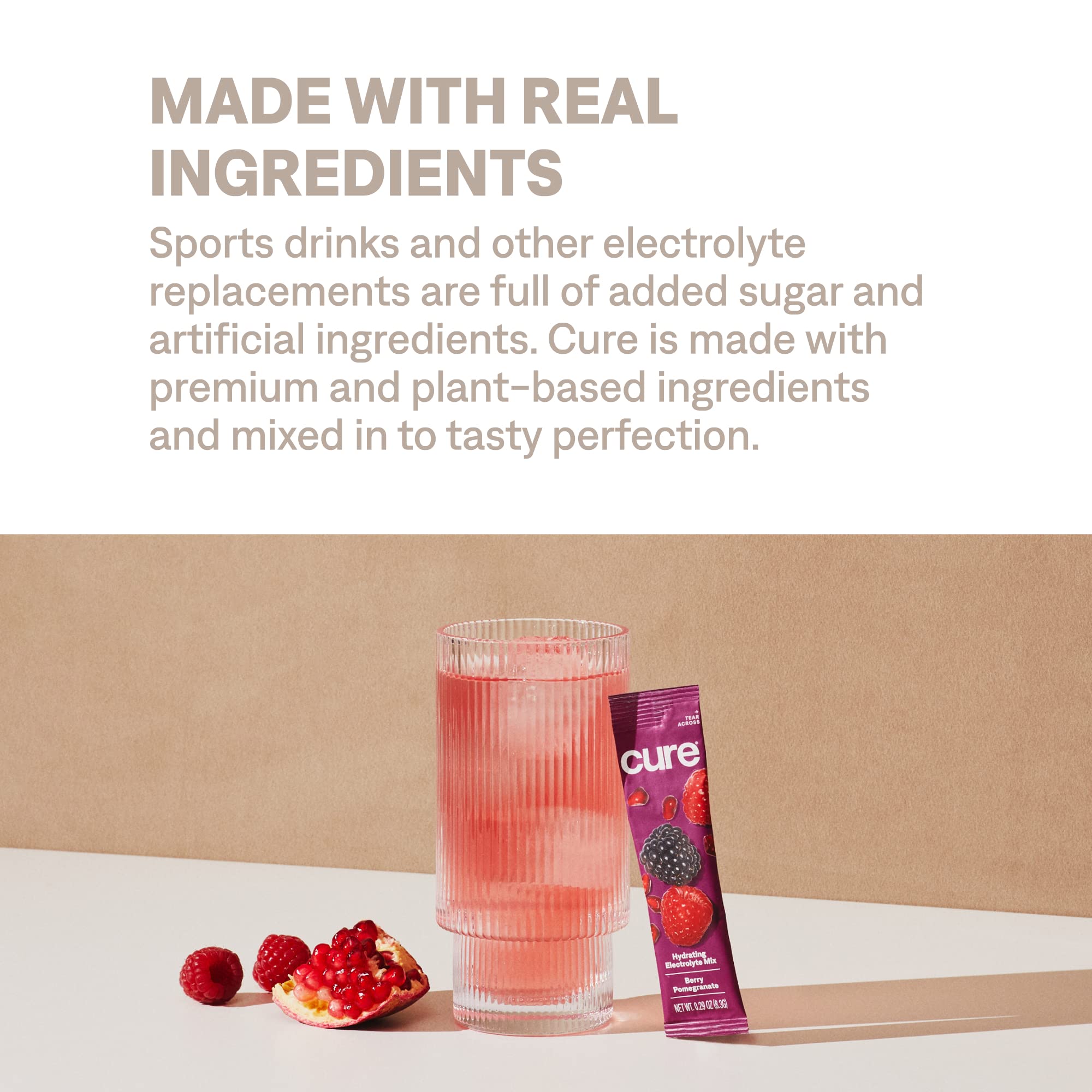 Cure Hydration etiqueta con certificaciones Non GMO vegana y sin gluten clara