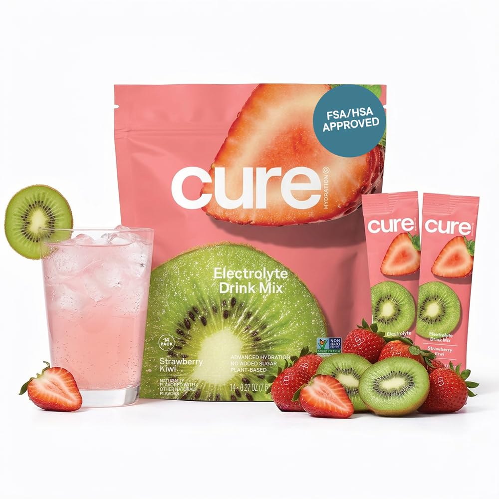 Cure Hydration frente del empaque mostrando 14 sobres y beneficios de rehidratación