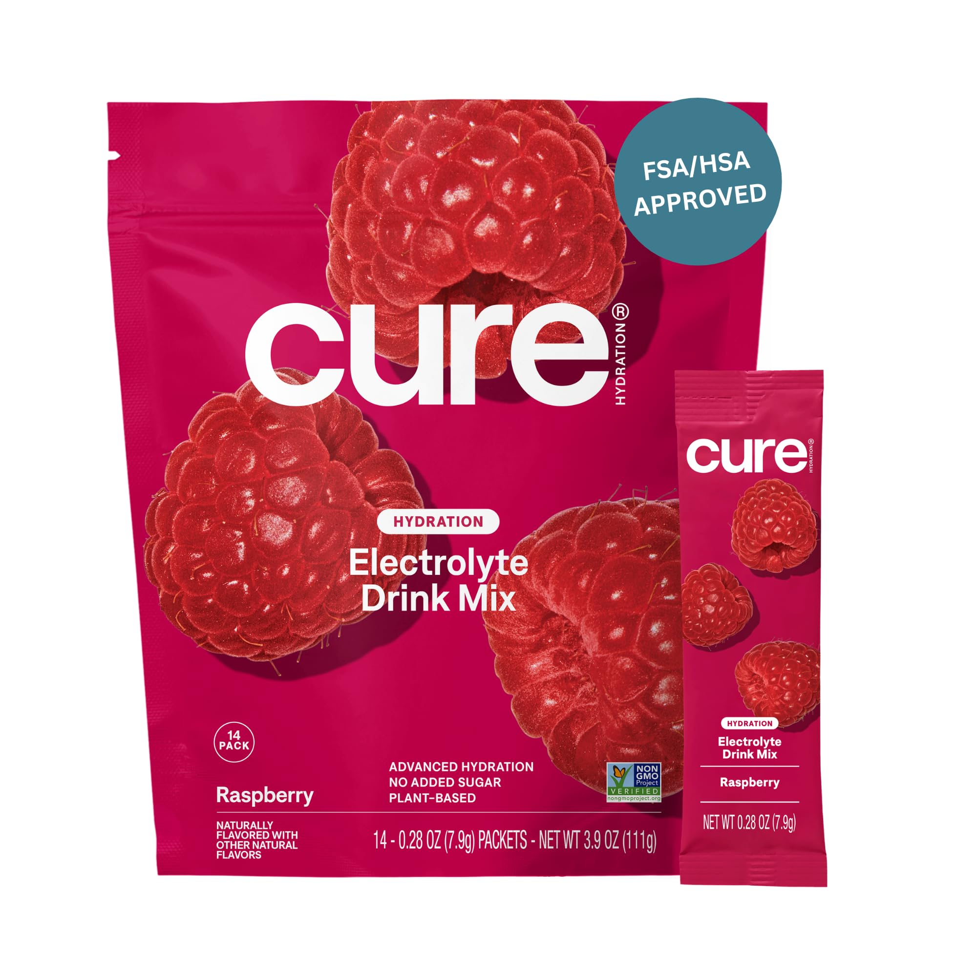 Cure Hydration frente del empaque mostrando 14 sobres y beneficio de portabilidad